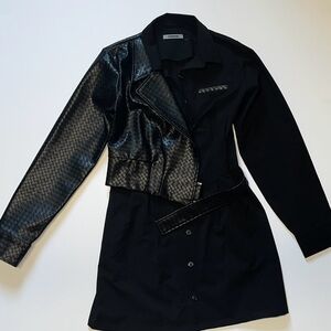 Maniere De Voir Black Woven Vegan Leather Blazer Overlay Shirt Dress
